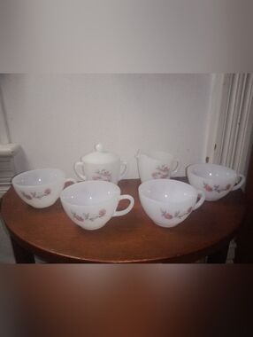 Vintage Fire King Fleurette Floral Flower Tea Coffee Cup Set Creamer Sugar Dish